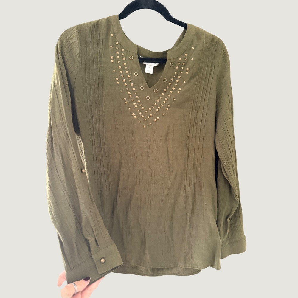 Christopher & Banks Olive Green Studded V-Neck Crinkle Blouse Top Medium Fall